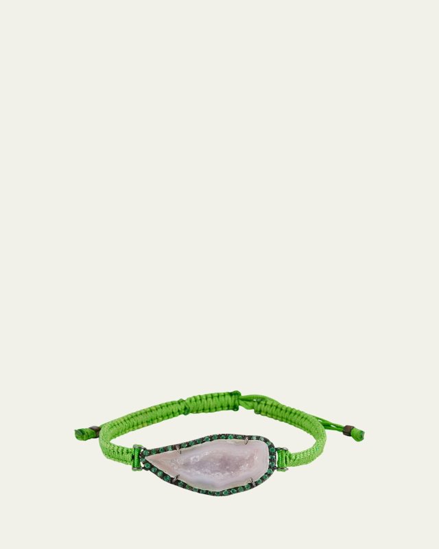 18k White Gold Black Rhodium Light Geode on Green Macrame Bracelet with Emerald Bezel